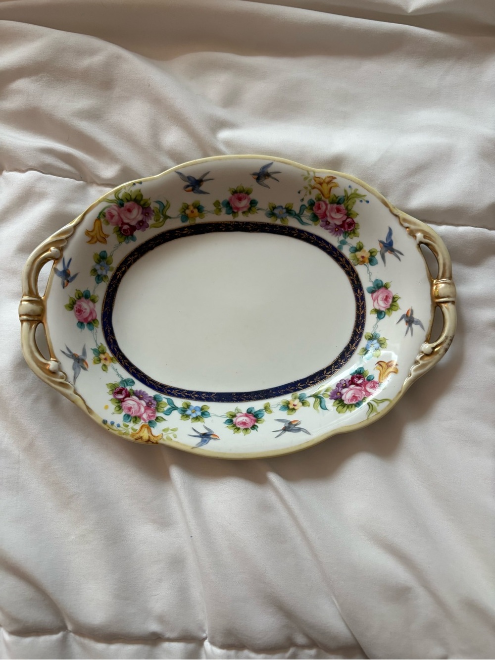Noritake White Porcelain Handled Serving Tray with Pink Rose and Blue Bird Motif